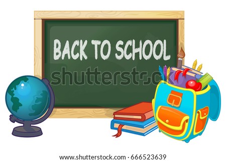 School board, school, school bag, globe, return to school inscription vector cartoon illustration