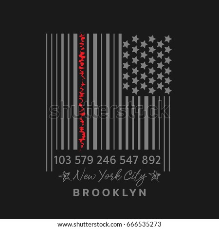 Vector illustration on a theme of New York City, Brooklyn and barcode. Stylized American flag. Typography, t-shirt graphics, poster, banner, print, flyer, postcard