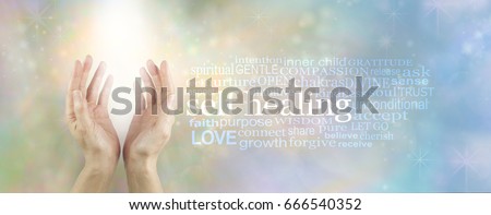 Heal Thyself - female hands reaching up into soft white light beam with a SELF HEALING word cloud to the right on a pale blue and gold ethereal background Royalty-Free Stock Photo #666540352
