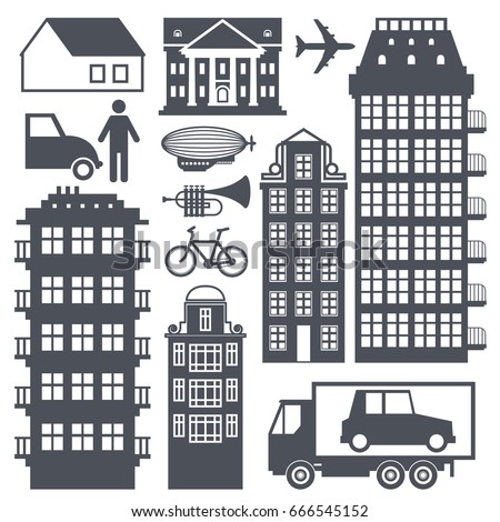 Europe street life and houses set. Vector illustration