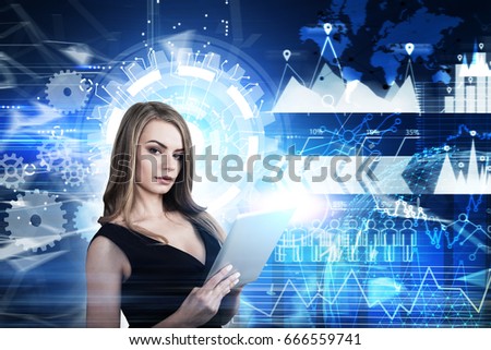 Portrait of a blond woman with a tablet standing against a futuristic background with glowing graphs and HUD. Toned image mock up double exposure. Elements of this image furnished by NASA