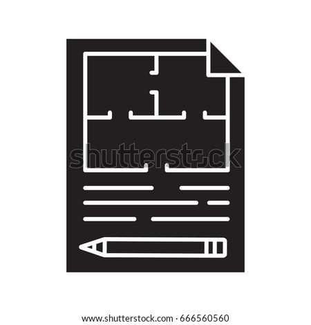Floor plan, flat blueprint with pencil glyph icon. Apartment layout silhouette symbol. House engineering. Building business. Property development. Negative space. Vector isolated illustration
