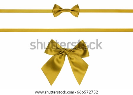 Gold set of two bows and ribbons on a white background