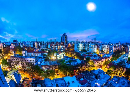 MONTEVIDEO, URUGUAY - SEPTEMBER 3: Aerial view of the city at night on September 9, 2015 in Montevideo, Uruguay.          
 Royalty-Free Stock Photo #666592045