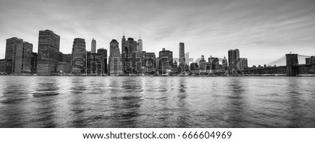 Panoramic picture of New York City skyline at dusk, USA.