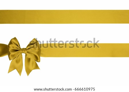 Gold ribbon with silk bow with tails isolated on white background