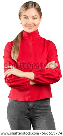 Portrait of happy smiling young business woman isolated over white background