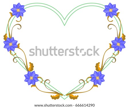 Heart shaped decorative frame with abstract blue flowers. Vector clip art.