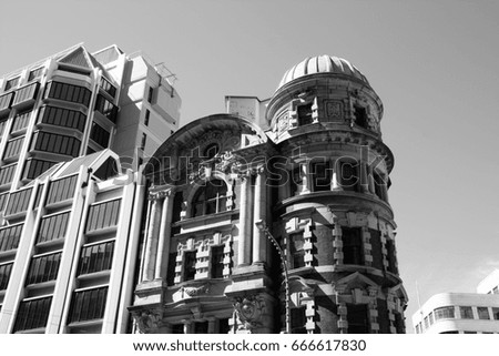 Wellington, capital city of New Zealand. New and old architecture. Black and white vintage style.