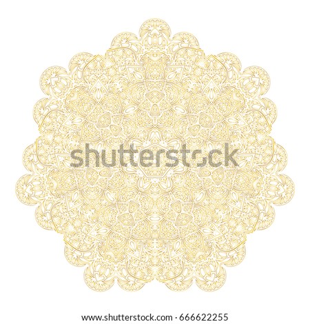 Outline mandala gold background. Arabic decorative ornament. East, islam, thai, indian, ottoman motifs. Abstract tribal, ethnic texture. Orient, symmetry, lace, meditation symbol. Vector illustration.