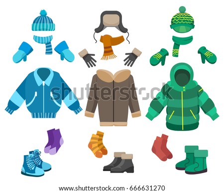 Male winter clothing isolated on white background. Cold weather clothes collection for boys vector illustration