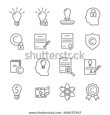 Set of intellectual property Related Vector Line Icons. Contains such icon as  thinking, creative, documents, intelligence, invention, patent, idea Royalty-Free Stock Photo #666631963