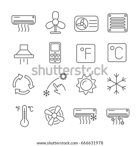 Set of air conditioning Related Vector Line Icons. Contains such icon as air-conditioner,fan, hood, cooling,cold, heat, temperature, air cooling Royalty-Free Stock Photo #666631978