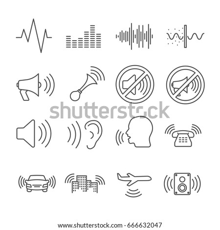 Set of noise Related Vector Line Icons. Contains such icon as sound, din, hum, hearing, sound waves, no noise sign, music, crashing, speaker Royalty-Free Stock Photo #666632047
