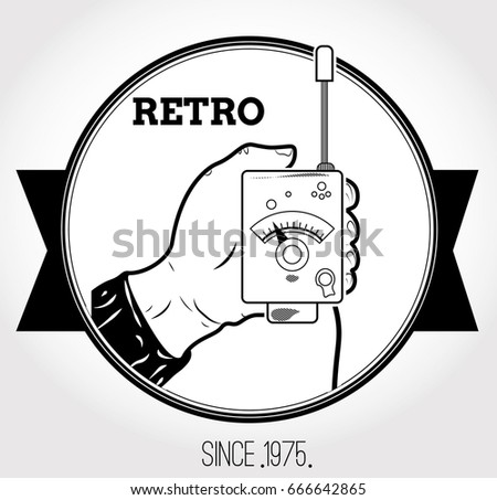 retro style logo with hand and radio set