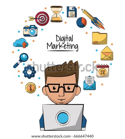 poster of digital marketing with man working in laptop computer in closeup and marketing icons around of him