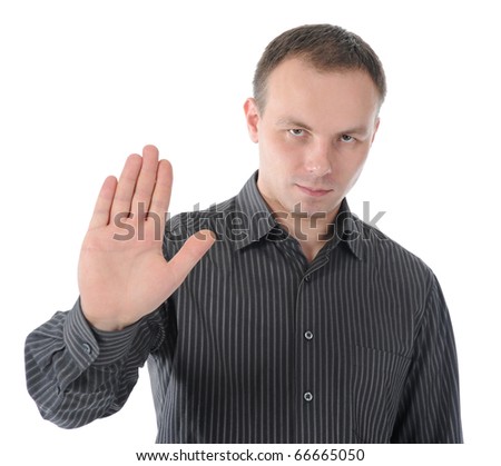 image of a young man stretches out his hand forward. Isolated on white background