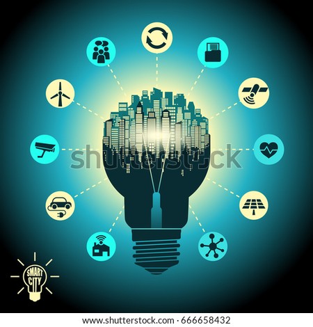 Smart city - cityscape in silhouette light bulb with advanced smart services, the Internet of things, social networking