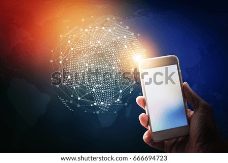 Worldwide connection interface visual effects with hand holding smartphone. Social networks technology concept. 