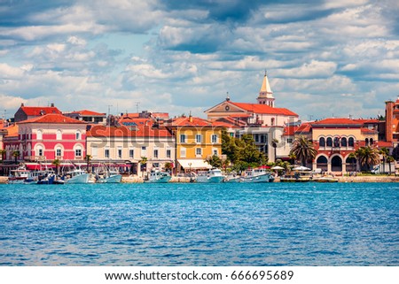 Splendid morning cityscape of popular summer resort Porec. Colorful spring seascape of Adriatic Sea. Great  scene of Istrian Peninsula in western Croatia, Europe. Traveling concept background. 