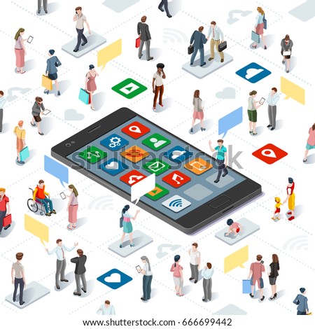 Isometric people connecting and sharing social media graphic vector template with flat elements disabled people and smartphone devices illustration.
