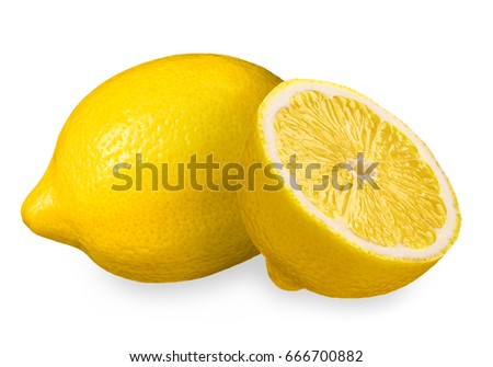 Isolated lemon. One whole lemon fruit and half on white background
