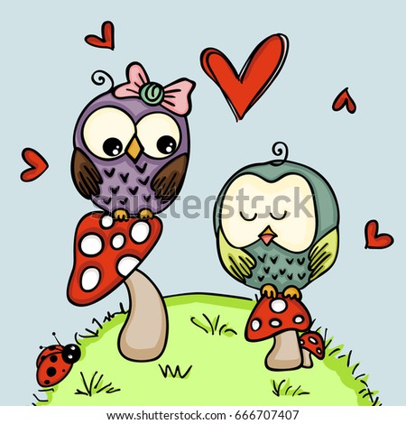 Cute couple owls on mushrooms
