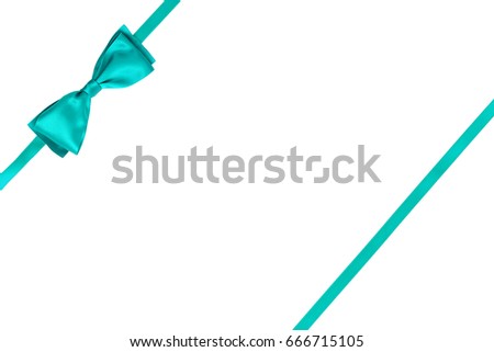 Gift aqua bow on satin ribbon with parallel ribbon isolated on white