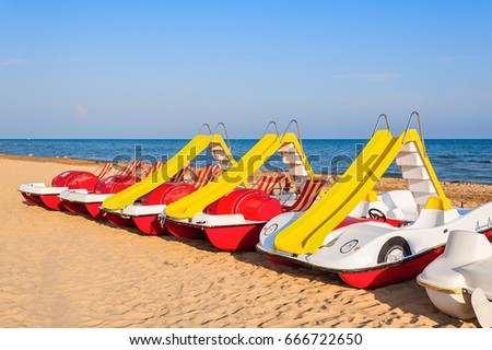 Colorful series of pedalo parked on the beach. Bibione Italy
 Royalty-Free Stock Photo #666722650
