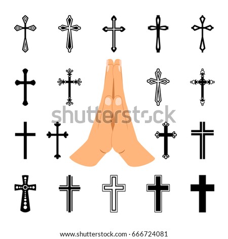 Praying hands or prayer slap isolated on white background. Vector folded hands with christian crosses signs