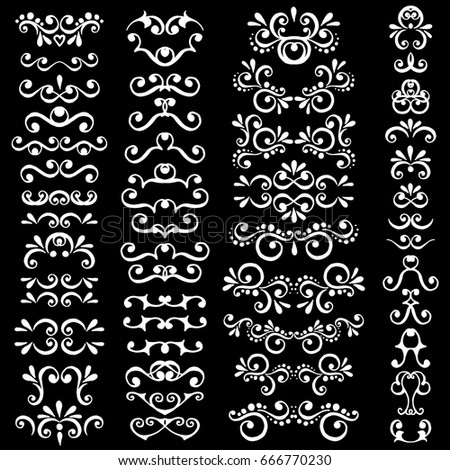 Vector hand drawn decorative elements of calligraphic design and page decoration. Vintage set. Wicker lines. Doodles. Swirls. Brushes, borders and text delimiters. Isolated silhouettes.
