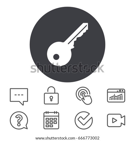 Key sign icon. Unlock tool symbol. Calendar, Locker and Speech bubble line signs. Video camera, Statistics and Question icons. Vector