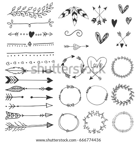 Arrows, hearts, ornament - handdrawn wedding decor elements in boho style. Vector collection