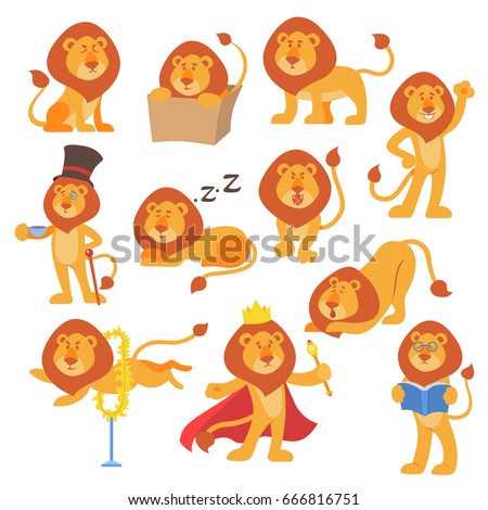 Lion mascot vector pose happy cartoon cute wild character safari mammal cat jungle animal illustration. Royalty-Free Stock Photo #666816751
