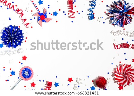 USA holiday decorations on a white background flat lay