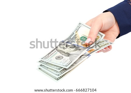 Beautiful female hands with money dollars usa isolated on white background.