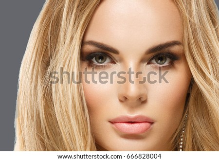 Woman cosmetic closeup beauty portrait, for salon beautiful people and healthy care skin and hair over blue color background