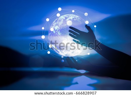 Abstract science, circle global network connection in hands on night sky  background
/ soft focus picture /  Blue tone concept