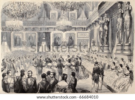 Antique illustration of Grand Bal in Tuileries Palace. Original, after drawing of G. Durand, was  published on “L'Illustration, Journal Universel”, Paris, 1860