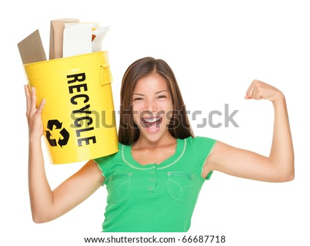 Recycle woman holding recycling bin with paper showing muscles. Funny recycle concept isolated on white background. Asian / Caucasian female model.