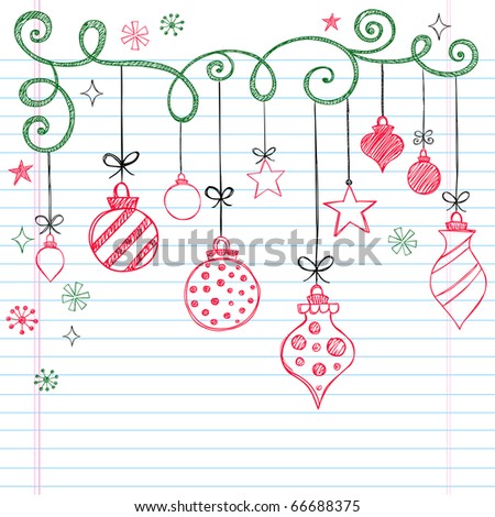 Hand-Drawn Christmas Tree Ornaments Sketchy Notebook Doodles- Vector Illustration Design Elements on Lined Sketchbook Paper Background