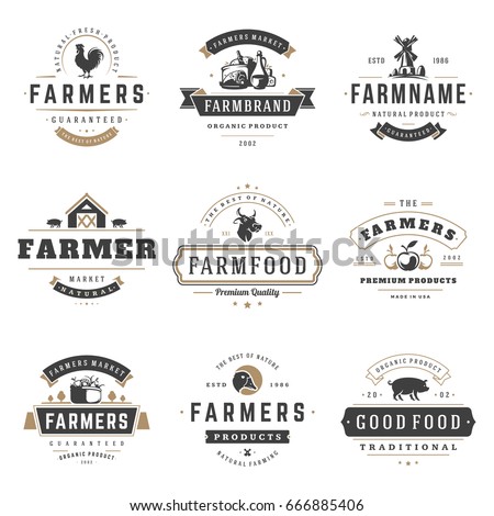 Farmers market logos templates vector objects set. Logotypes or badges design. Trendy retro style illustration, farm natural organic products food, rooster, cow head and mill silhouettes. Royalty-Free Stock Photo #666885406
