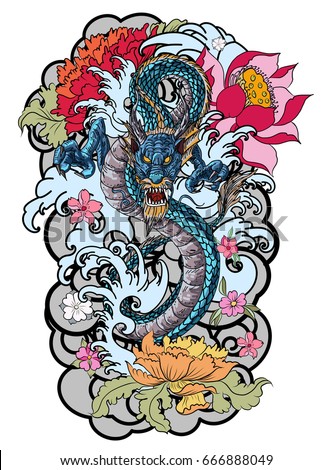 hand drawn colorful Dragon tattoo, coloring book japanese style