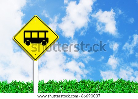 bus stop sign on beautiful sky and grass field background