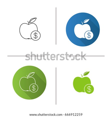 Fruit price icon. Flat design, linear and color styles. Apple with dollar sign. Isolated vector illustrations