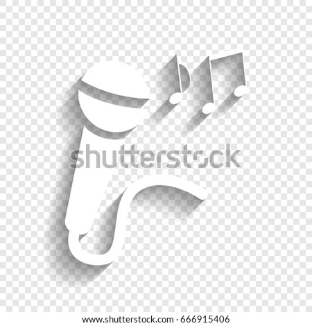 Microphone sign with music notes. Vector. White icon with soft shadow on transparent background.