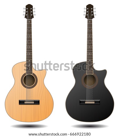 Guitar set isolated on white background. Classic guitar for Your business project. Black and brown wooden guitars. Vector Illustration