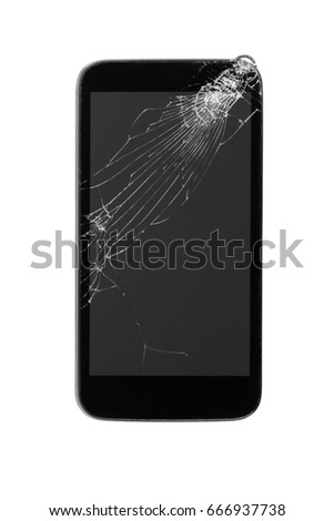 broken mobile smart phone with crashed touch screen isolated on white background