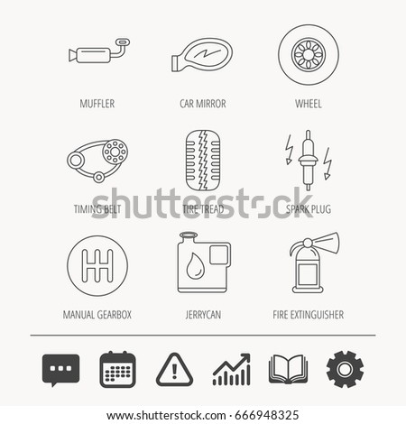 Wheel, car mirror and timing belt icons. Fire extinguisher, jerrycan and manual gearbox linear signs. Muffler, spark plug icons. Education book, Graph chart and Chat signs. Vector