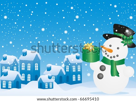 Blue vector illustration of Christmas snowman with gift